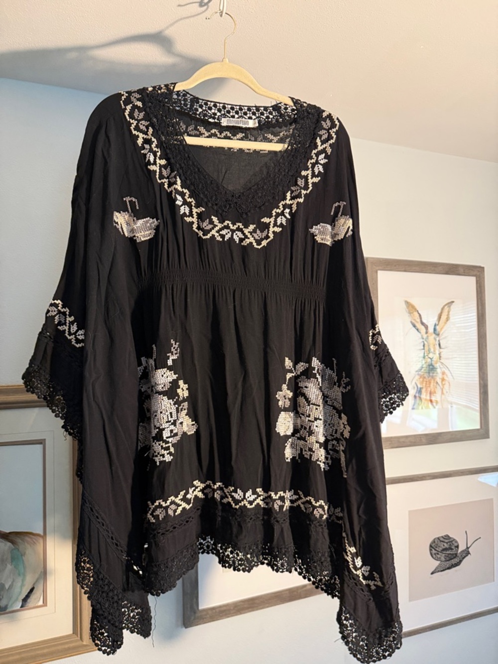 Monoreno Black Poncho or swim cover up with Cream Embroidery. Lightweight